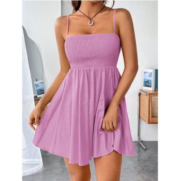 🩵 square neck shirred bust spaghetti strap boho mini dress red - Picture 2 of 3